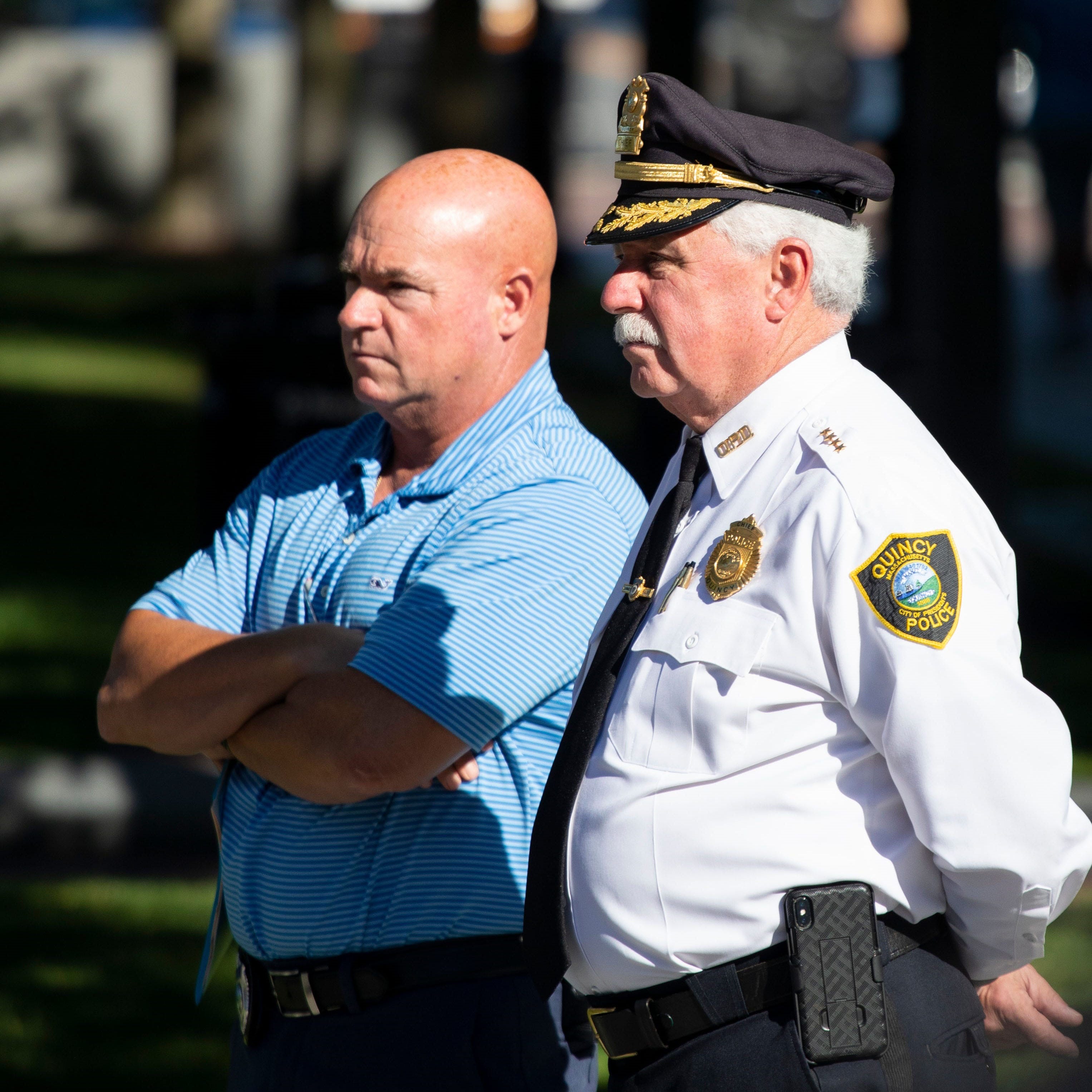 Quincy Police Chief Paul Keenan, right, on Hancock-Adams Common on Sept. 20, 2021.