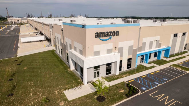 An exterior view of Amazon's warehouse at Delaware Logistics Park in June. An Amazon spokesperson declined to comment on the warehouse beyond saying that it's not operational.