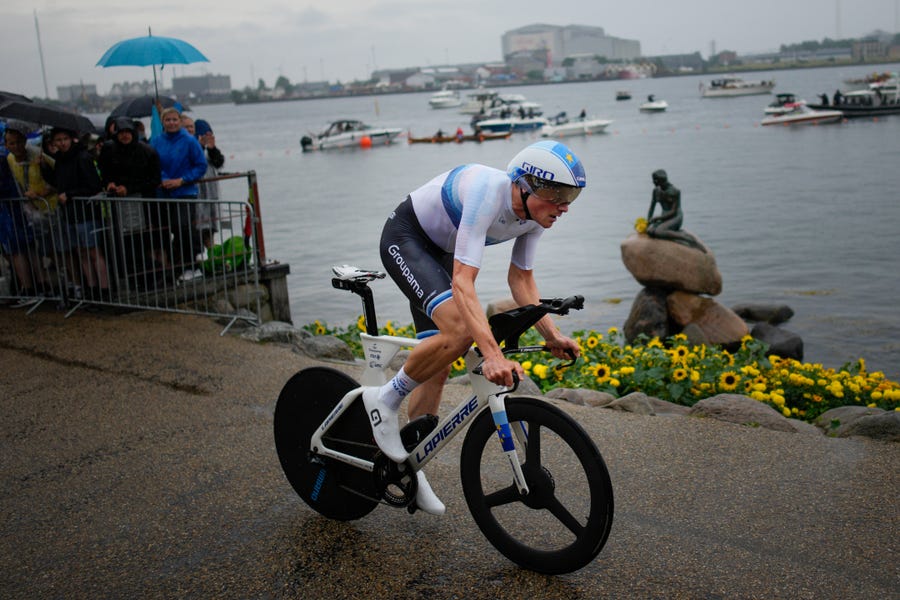 Switzerland's Stefan Kueng rides during the first stage of the Tour de France cycling race, an individual time trial over 13.2 kilometers (8.2 miles) with start and finish in Copenhagen, Denmark, Friday, July 1, 2022.