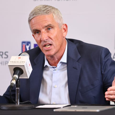 PGA Tour Commissioner Jay Monahan addresses the me