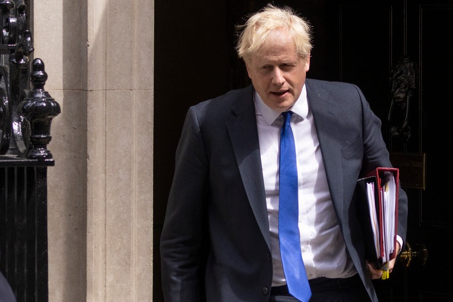 Prime Minister Boris Johnson leaves 10 Downing Street in London on July 6, 2022. Minister for Health Sajid Javid resigned from the government on Tuesday evening, closely followed by the Chancellor of The Exchequer, Rishi Sunak. Johnson moved swiftly to shore up his prime ministership making his Chief of Staff, Steve Barclay, Minister for Health and promoting Education Secretary Nadim Zahawi, to Chancellor of the Exchequer.