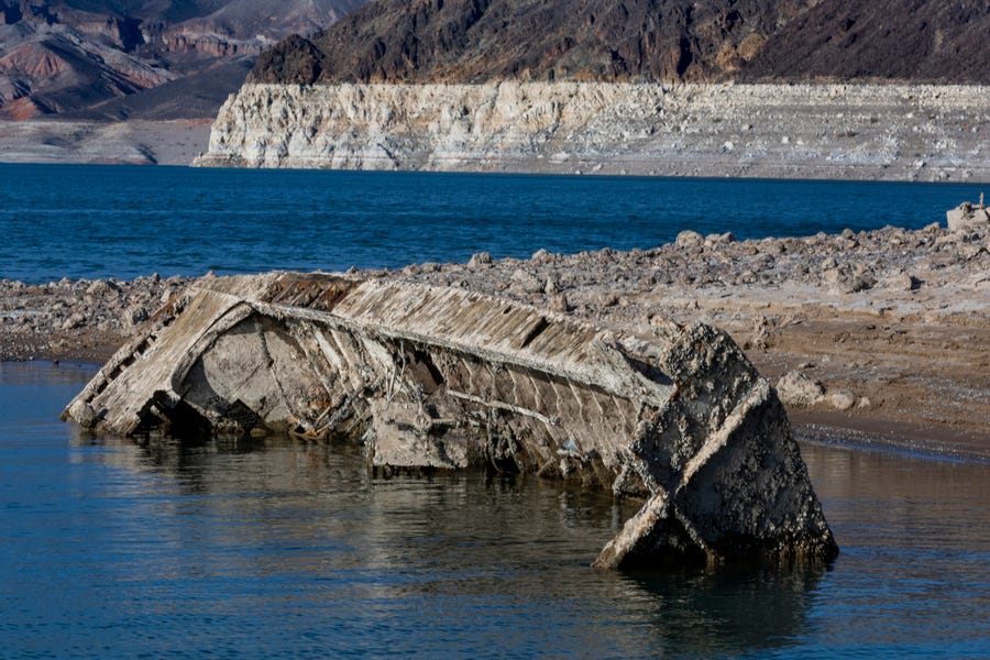 A WWII ear landing craft used to transport troops or tanks was revealed on the shoreline near the Lake Mead Marina as the waterline continues to lower at the Lake Mead National Recreation Area on Thursday, June 30, 2022, in Boulder City.