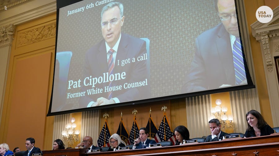 A video of former White House counsel Pat Cipollone is shown as the House select committee investigating the Jan. 6 attack on the U.S. Capitol holds a hearing at the Capitol in Washington, Tuesday, July 12, 2022. (AP Photo/J. Scott Applewhite)