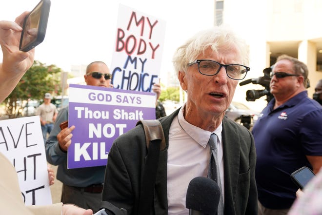 Attorney Rob McDuff, an attorney representing the Jackson Women's Health Organization, speaks with reporters on July 5, 2022, at the Hinds County Chancery Court in Jackson, Miss.