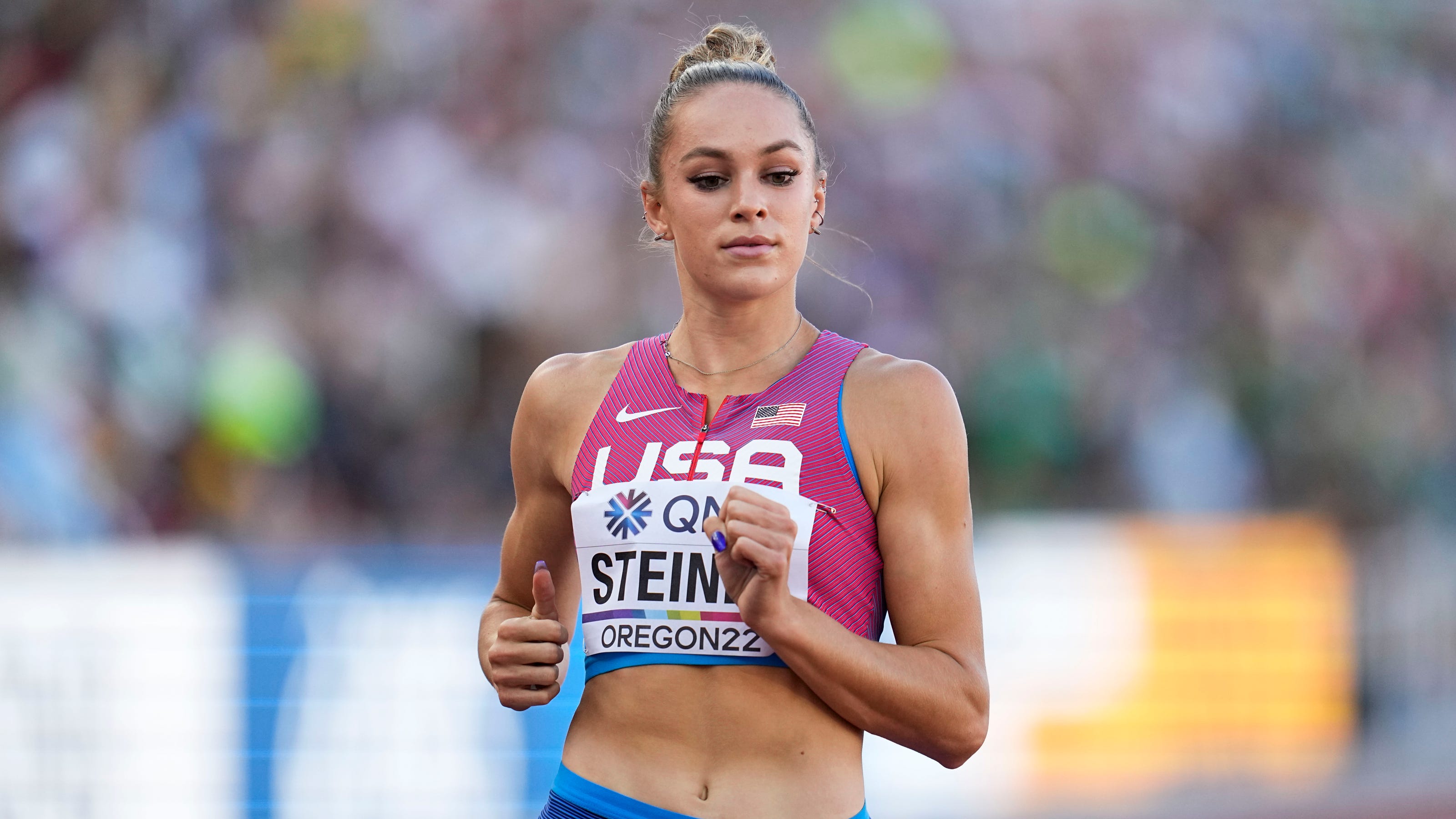 Abby Steiner competing in 200meter finals at World Championships