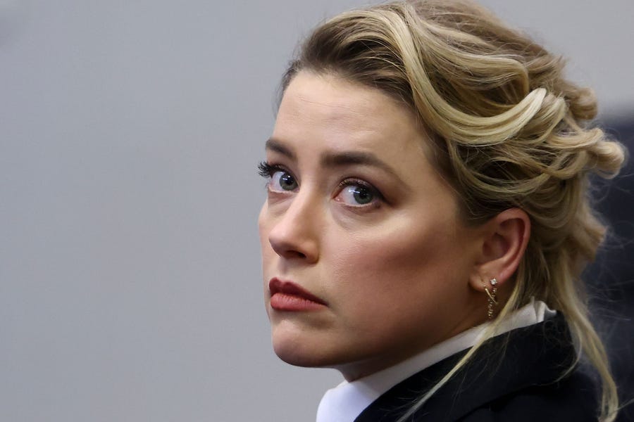 Amber Heard in court during the defamation trial against her by ex-husband Johnny Depp at the Fairfax County Circuit Courthouse in Fairfax, Virginia, on April 13, 2022.