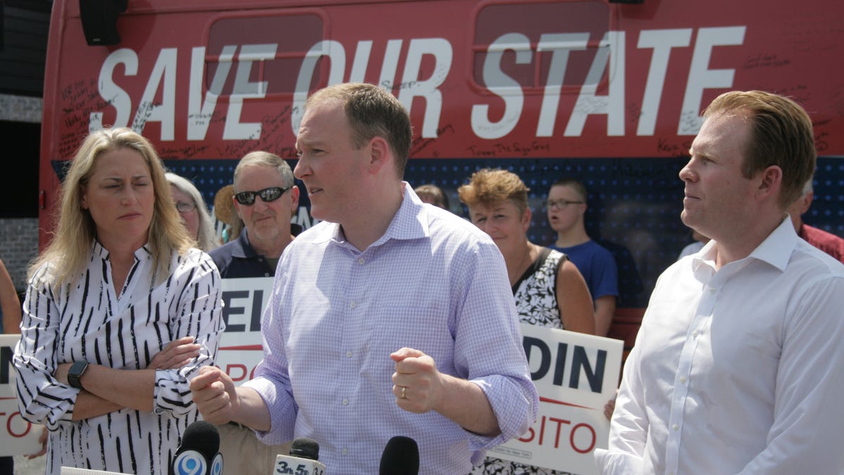 U.S. Rep. Lee Zeldin, the Republican nominee for New York governor speaks at a campaign stop in Jordan on Friday, July 22, 2022.