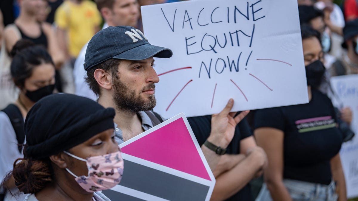 Protesters calling for more government action to combat the spread of monkeypox on July 21, 2022, in New York City.