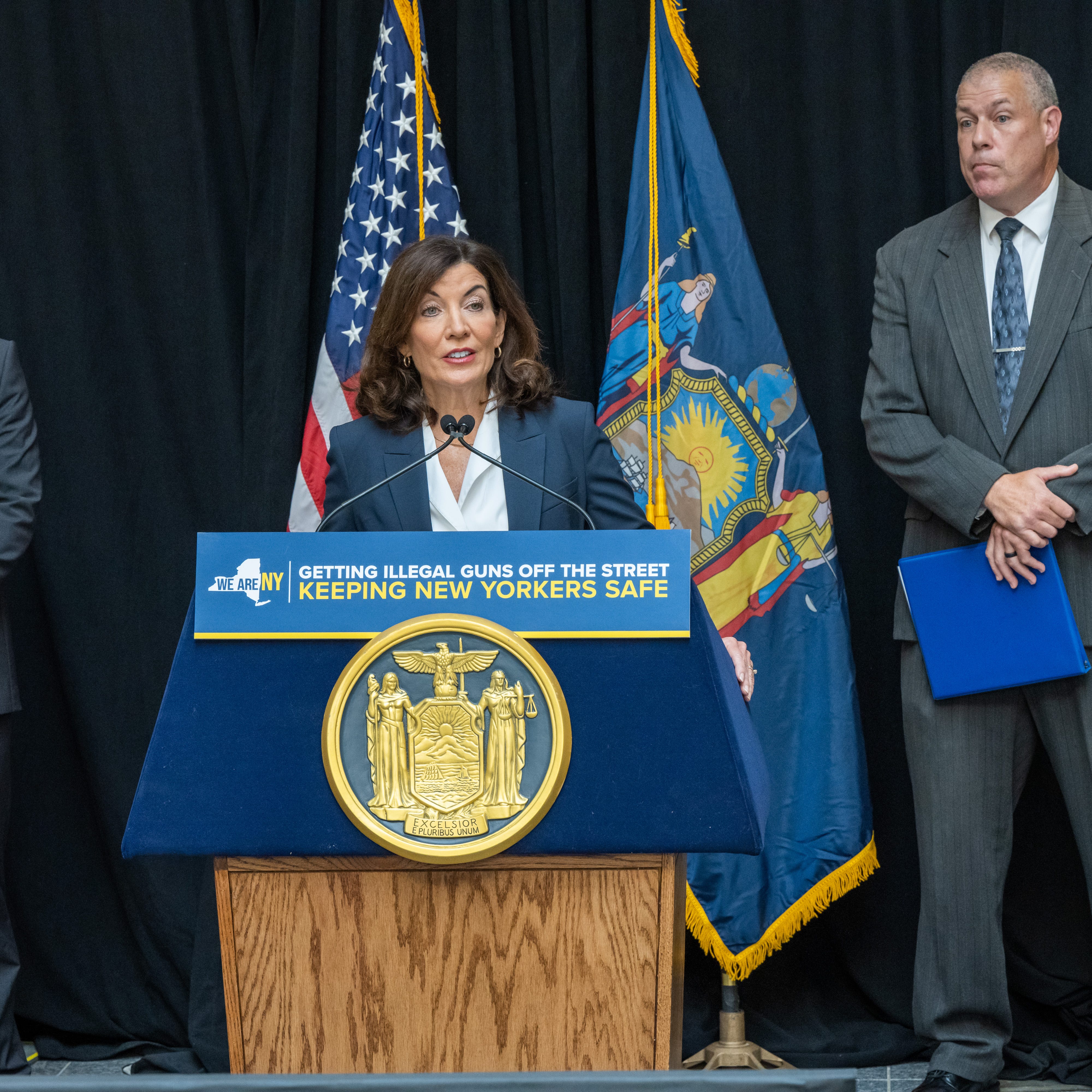 Gov. Kathy Hochul announced that State Police are reporting a 104% increase in gun seizures this year, statistics boosted by a months-long investigation that resulted in the recovery of a large cache of firearms, at a press conference on Aug. 4, 2022.