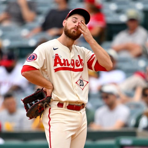 Los Angeles Angels first baseman Jared Walsh stand