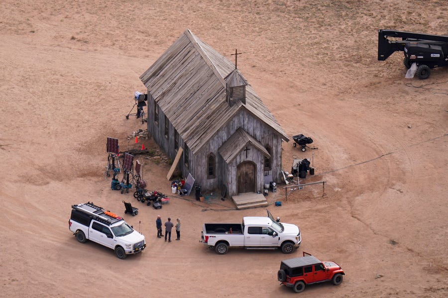 Aerial photo showing part of the Bonanza Creek Ranch film set in Santa Fe, N.M., Oct. 23, 2021.