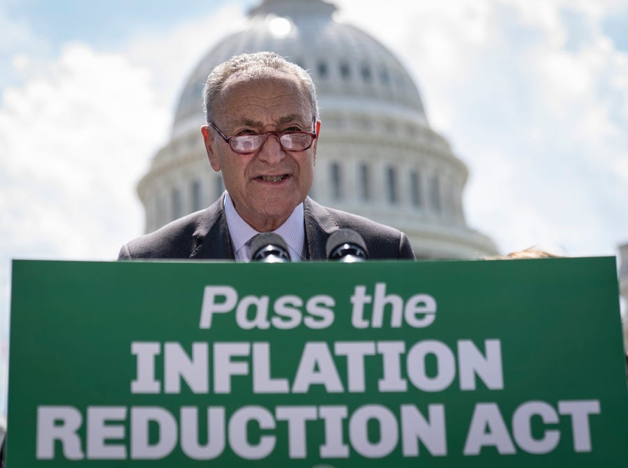 Senate Majority Leader Chuck Schumer, D-NY, speaks during a news conference about the Inflation Reduction Act outside the U.S. Capitol on August 4, 2022 in Washington, DC.