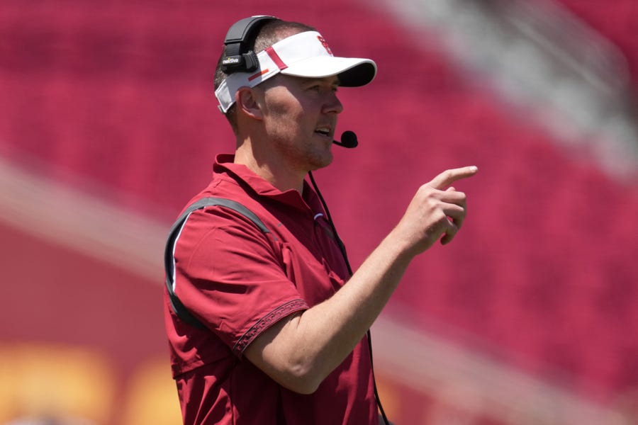 Southern California coach Lincoln Riley during the spring game at the Los Angeles Memorial Coliseum.