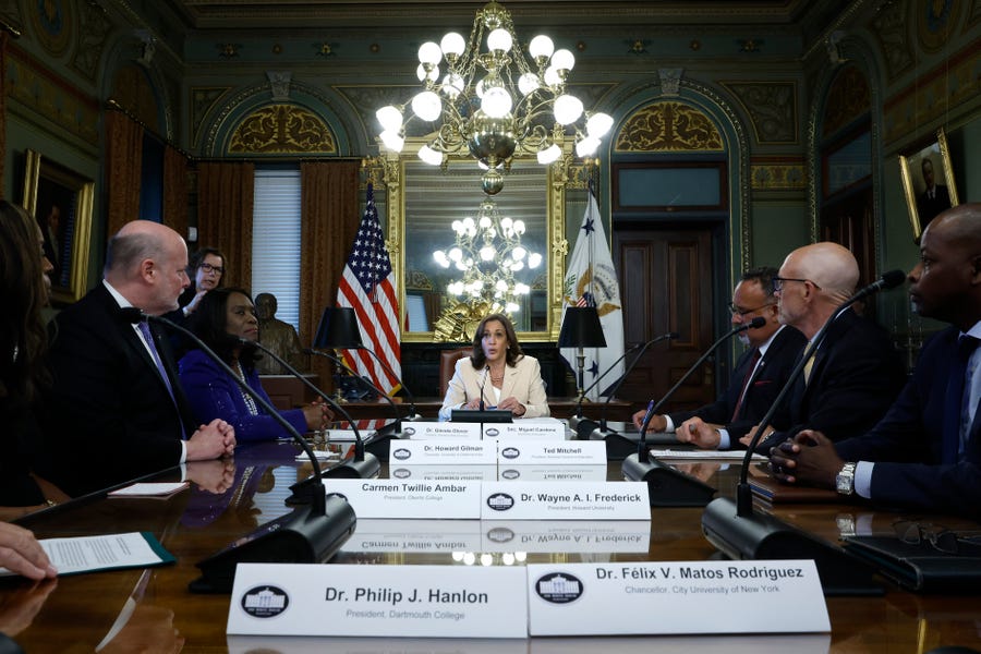 U.S. Vice President Kamala Harris delivers remarks at the beginning of a roundtable meeting with  college and university leaders from across the country about what students face after the overturning of Roe v. Wade on August 08, 2022 in Washington, DC.