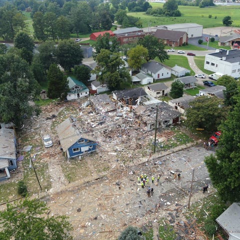 An overhead photo of damage from a house explosion