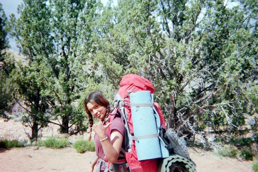 Katelyn Haruko Schmisseur with her 40-pound pack.