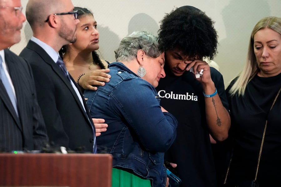 Sep 1, 2022; Columbus, Ohio, USA; Rebecca Duran the mother of Donovan Lewis can't watch the police body camera video of the shooting of Donovan Lewis by Columbus police on August 30th during a press conference at the Sheraton Capital Square on September 1, 2022.    