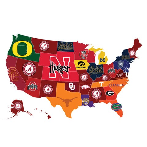 The most searched college football team in each st