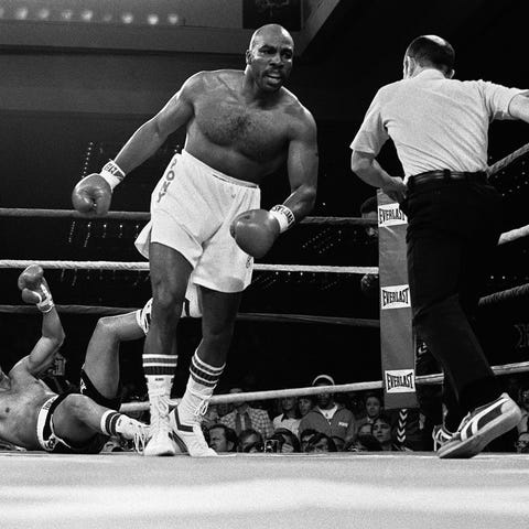 Earnie Shavers walks to a neutral corner after he 