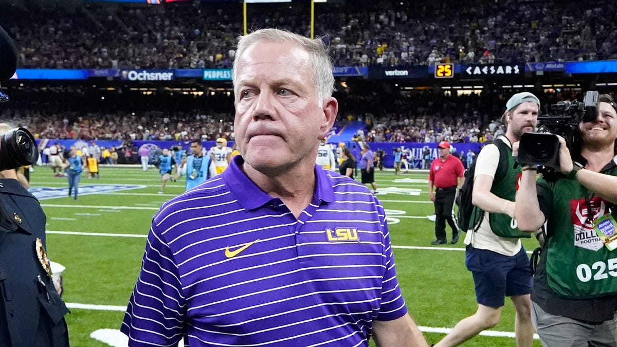 LSU head coach Brian Kelly walks off the field after their loss to Florida State in an NCAA college football game in New Orleans, Sunday, Sept. 4, 2022. Florida State won 24-23. (AP Photo/Gerald Herbert)