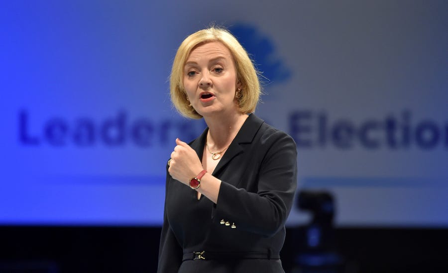 Liz Truss meets supporters at a Conservative Party leadership campaign event in Birmingham, England, on Aug. 23, 2022.