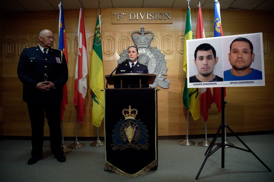 Assistant Commissioner Rhonda Blackmore speaks during a press conference about the manhunt for Damien Sanderson and Myles Sanderson, who allegedly stabbed and killed 10 people between James Smith Cree Nation and Weldon, Saskatchewan.