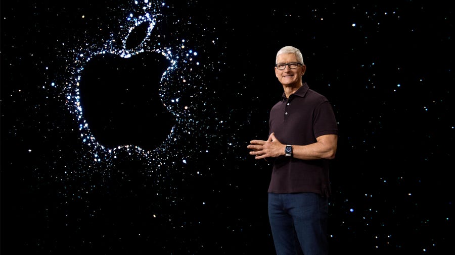 Apple CEO Tim Cook announces a new lineup of products during a special event at Apple Park.