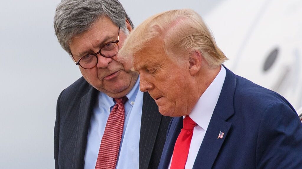 Former President Donald Trump and Former Attorney General Bill Barr step off Air Force One upon arrival at Andrews Air Force Base in Maryland on September 1, 2020.