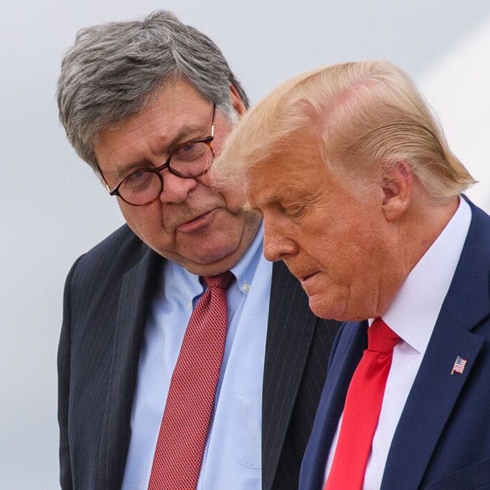 Former President Donald Trump and Former Attorney General Bill Barr step off Air Force One upon arrival at Andrews Air Force Base in Maryland on September 1, 2020.