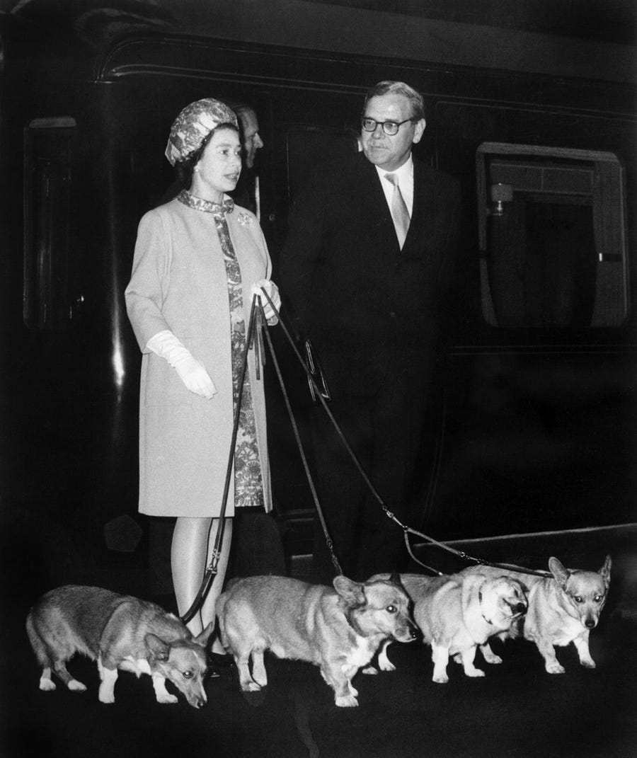 October 15, 1969: Famous as an avid lover of Corgis, Britain's Queen Elizabeth II arrives at King's Cross railway station in London with her four Corgi dogs after holidays in Balmoral Castle in Scotland.