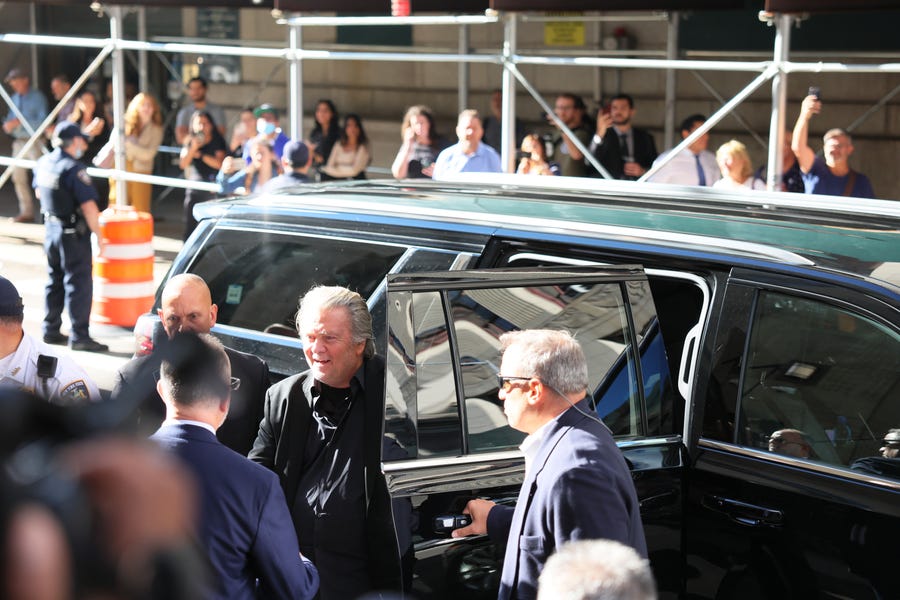 Steve Bannon, the former advisor to former President Donald Trump, arrives at the NY District Attorney's office to turn himself in on September 08, 2022, in New York City. Bannon faces a new criminal indictment that will mirror the federal case in which former President Donald Trump pardoned him. He and others have been alleged to have defrauded contributors to a private $25 million fundraising effort to build a wall along the U.S.-Mexico border.