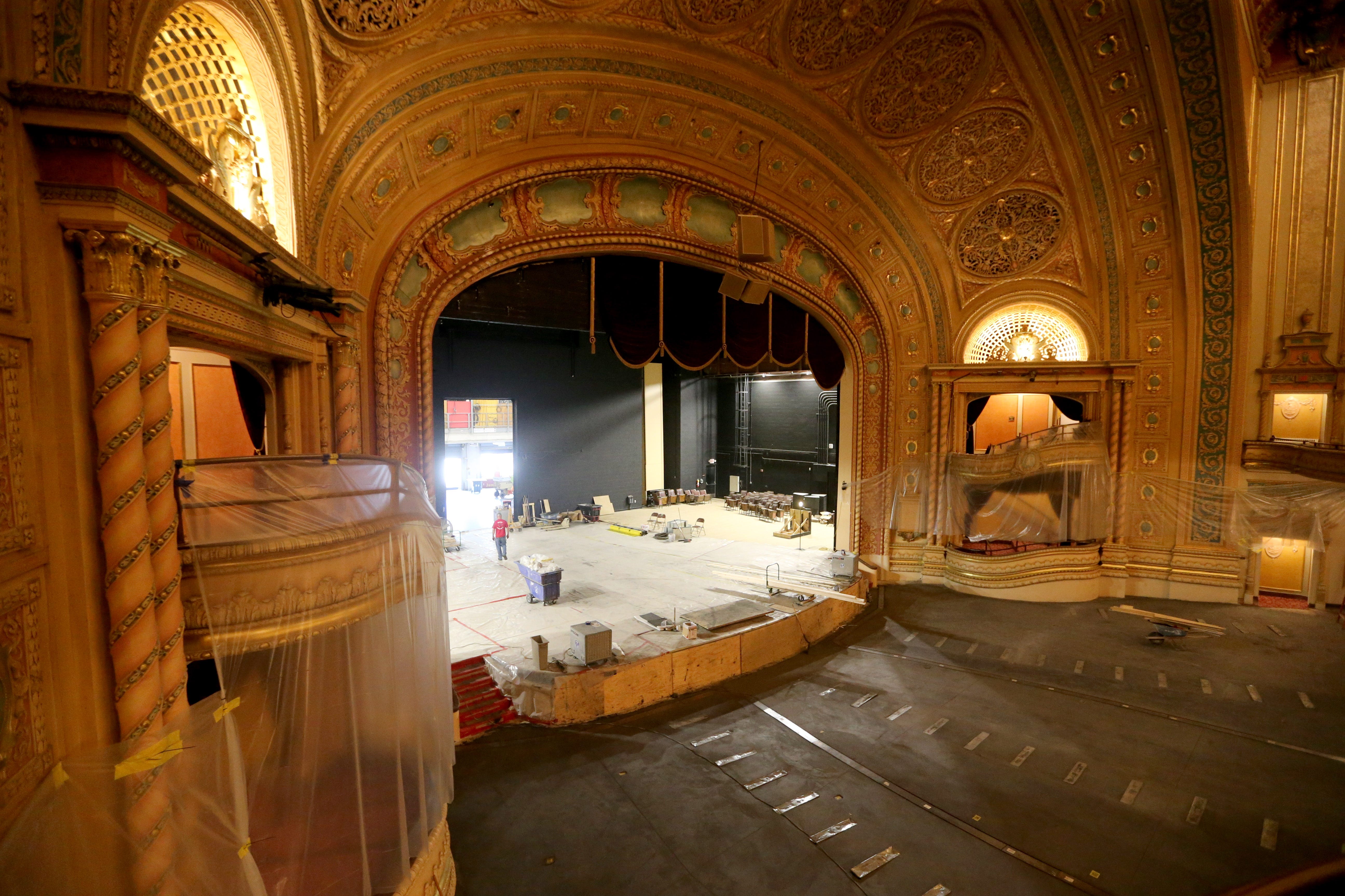 This was the view Sept. 8, 2022, before new maroon curtains were installed on South Bend's Morris Performing Arts Center's stage and before new blue seats were installed. But it shows the new concrete floor that was poured as part of renovations.