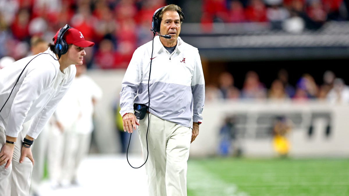 Alabama coach Nick Saban walks the sidelines during the second half against Georgia in the College Football Playoff championship game at Lucas Oil Stadium.