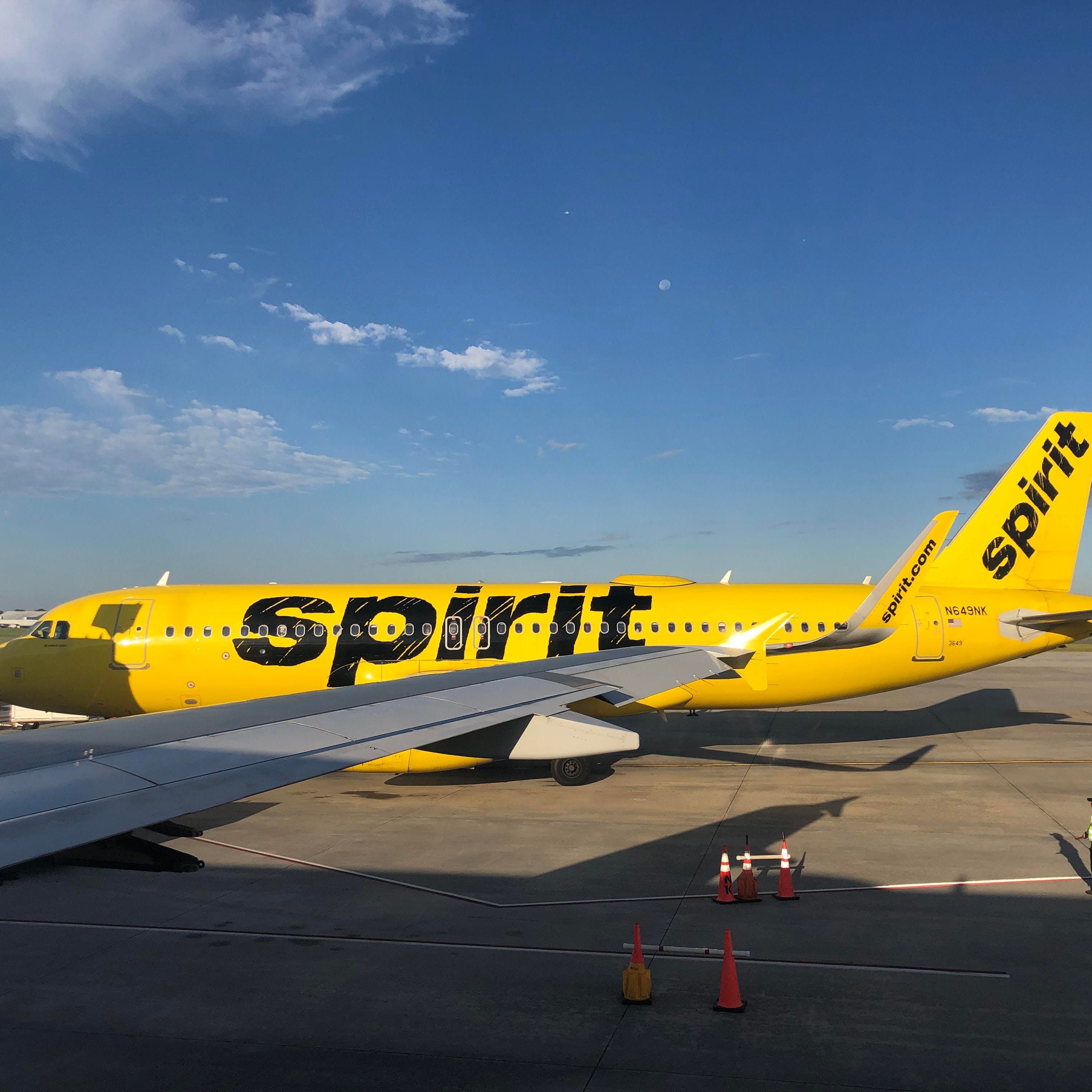 A Spirit Airlines plane at Myrtle Beach International Airport in August 2022