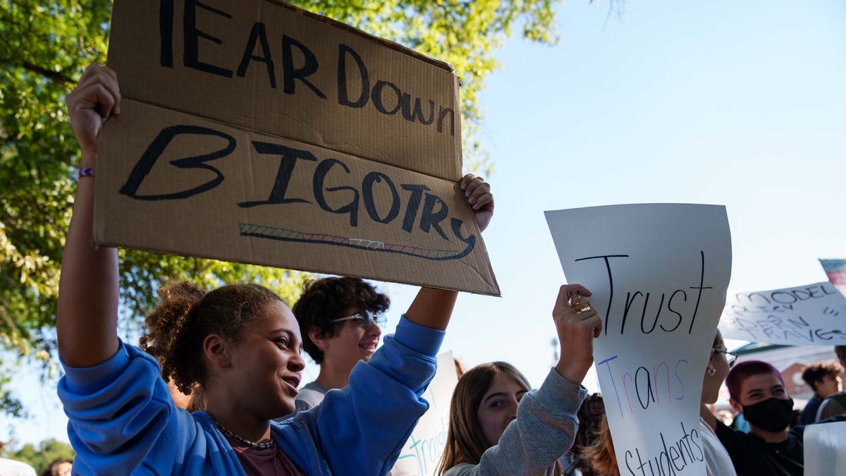 McLean High School students participated in a walkout in front of their school in protest of Gov. Glenn Youngkin's policy that would restrict the rights of transgender students. Students from nearly 100 schools across the state participated in the walkout on Tuesday, Sept. 27, 2022.