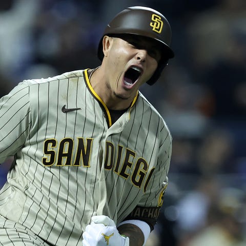 Game 1: Manny Machado reacts after hitting a solo 