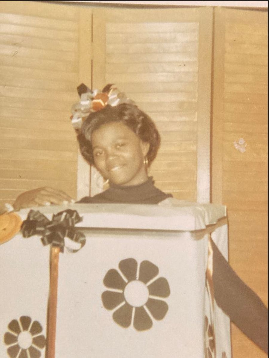 Pamela Gipson dressed as a gift coming out of a box at a party the Perlsteins hosted for her in 1968 shortly after she arrived in Syosset.