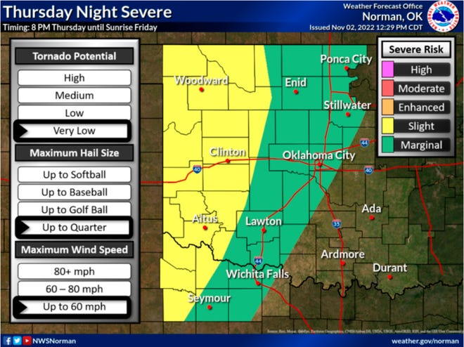 Severe storms are expected from late Thursday into early Friday across the western half of Oklahoma.