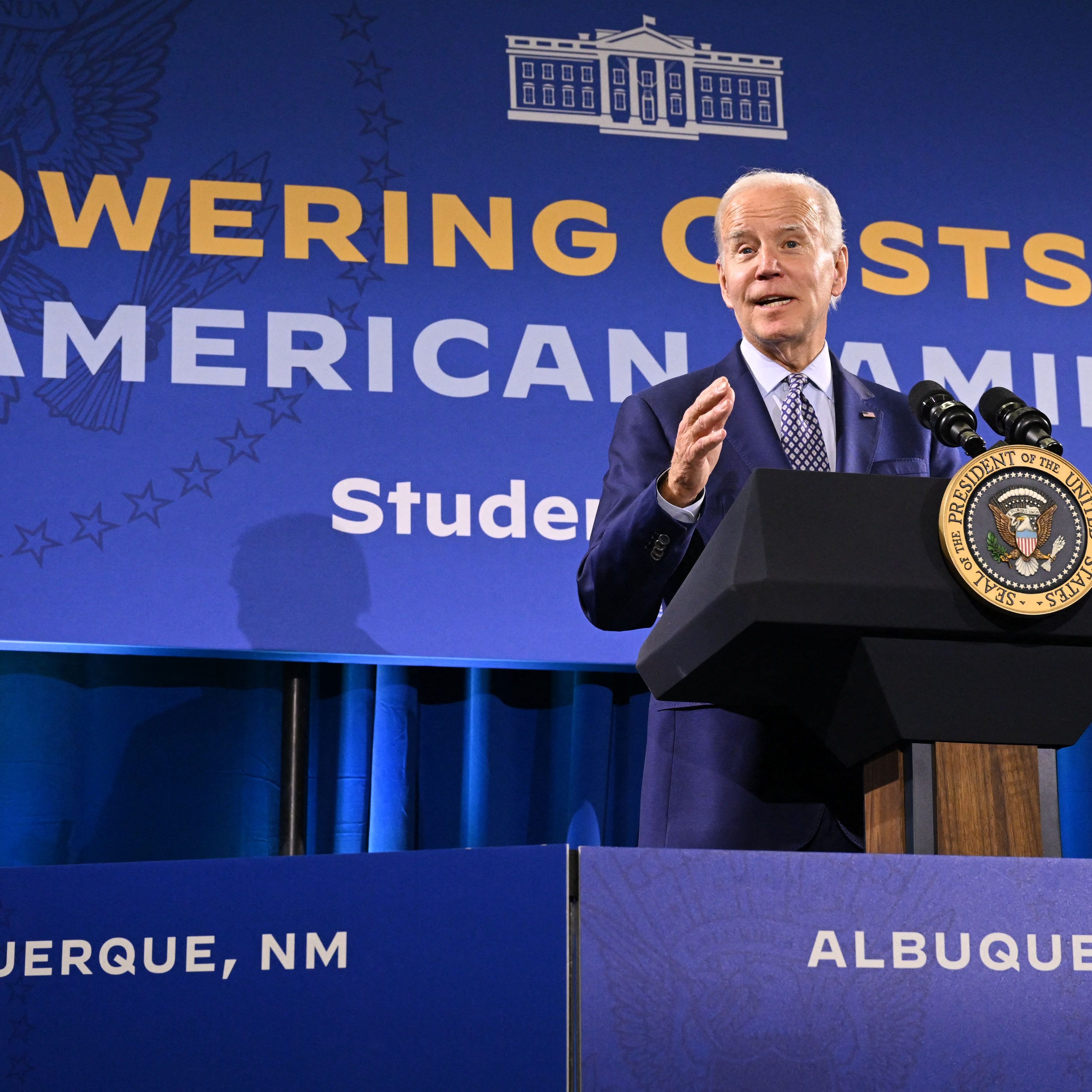 US President Joe Biden arrives to speak about student debt relief at Central New Mexico Community College Student Resource Center in Albuquerque, New Mexico, on November 3, 2022.