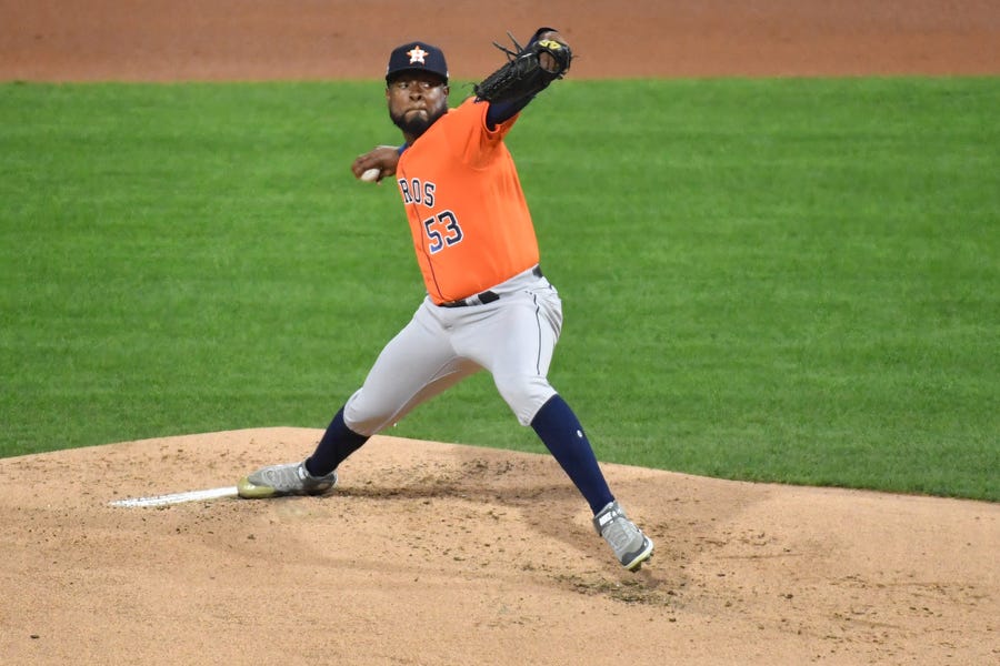 Game 4: Astros starting pitcher Cristian Javier delivers a pitch in the first inning.