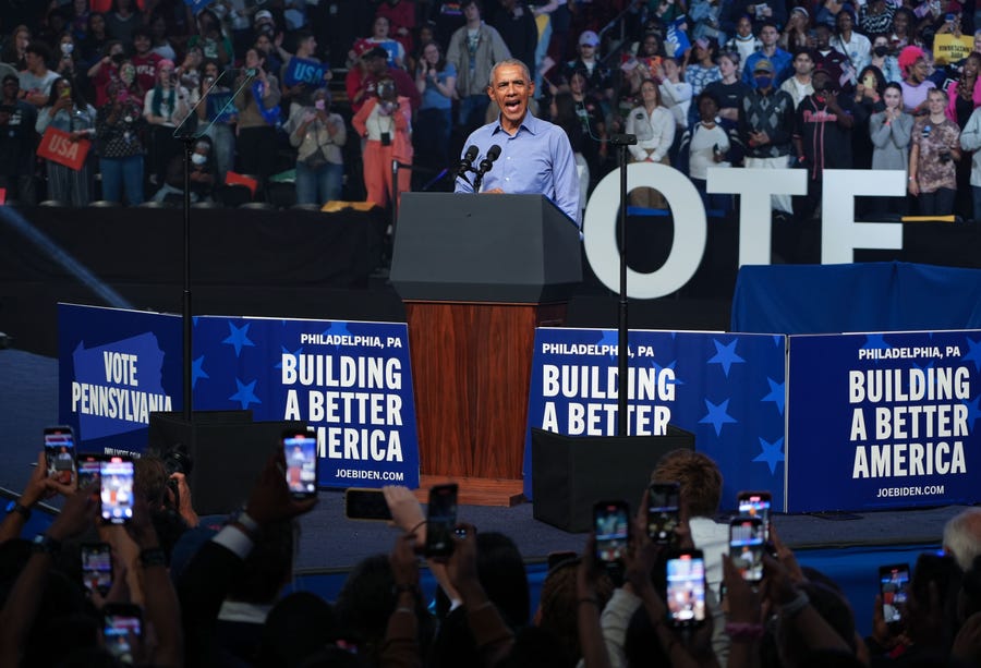 Former President Barack Obama stumps for Democratic Senate candidate John Fetterman in Philadelphia Saturday. Megan Smith-USA TODAY