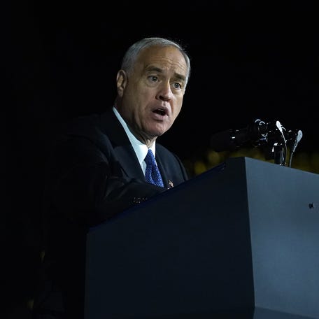 New York Comptroller Thomas DiNapoli addresses the crowds prior to President Joe Biden speaking at a political event on the campus of Sarah Lawrence College in Yonkers on Sunday, November 6, 2022.