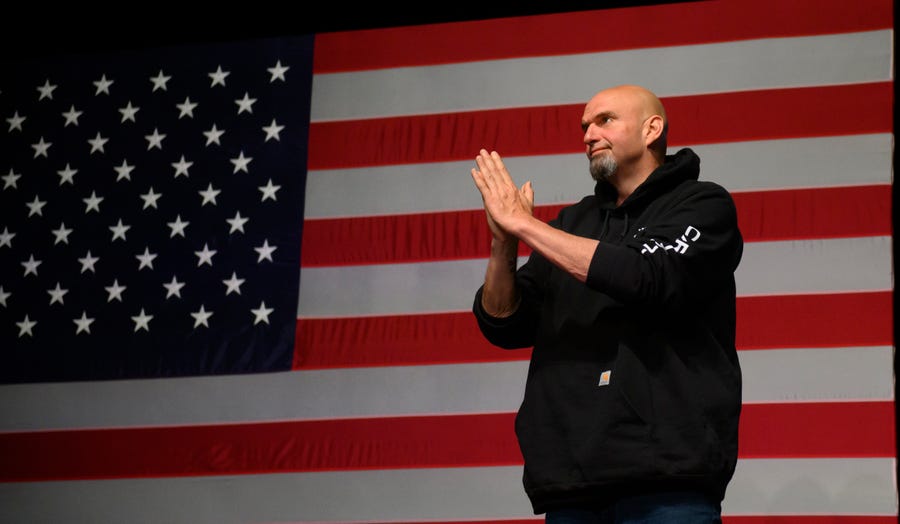 PITTSBURGH, PA - NOVEMBER 09: Democratic Senate candidate John Fetterman arrives for an election night party at StageAE on November 9, 2022 in Pittsburgh, Pennsylvania. Fetterman defeated Republican Senate candidate Dr. Mehmet Oz. (Photo by Jeff Swensen/Getty Images) ORG XMIT: 775896957 ORIG FILE ID: 1244627878