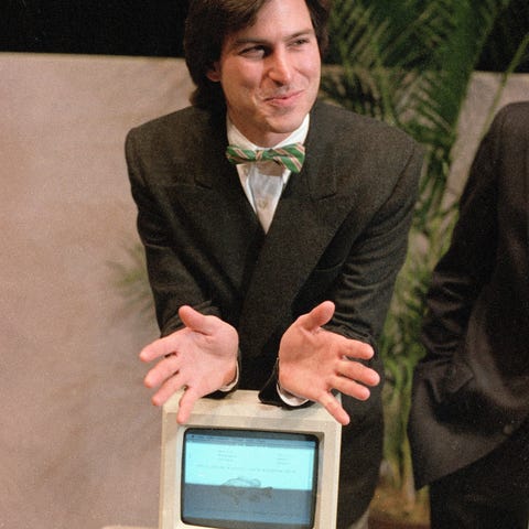 In this Jan. 24, 1984, file photo, Steve Jobs, cha