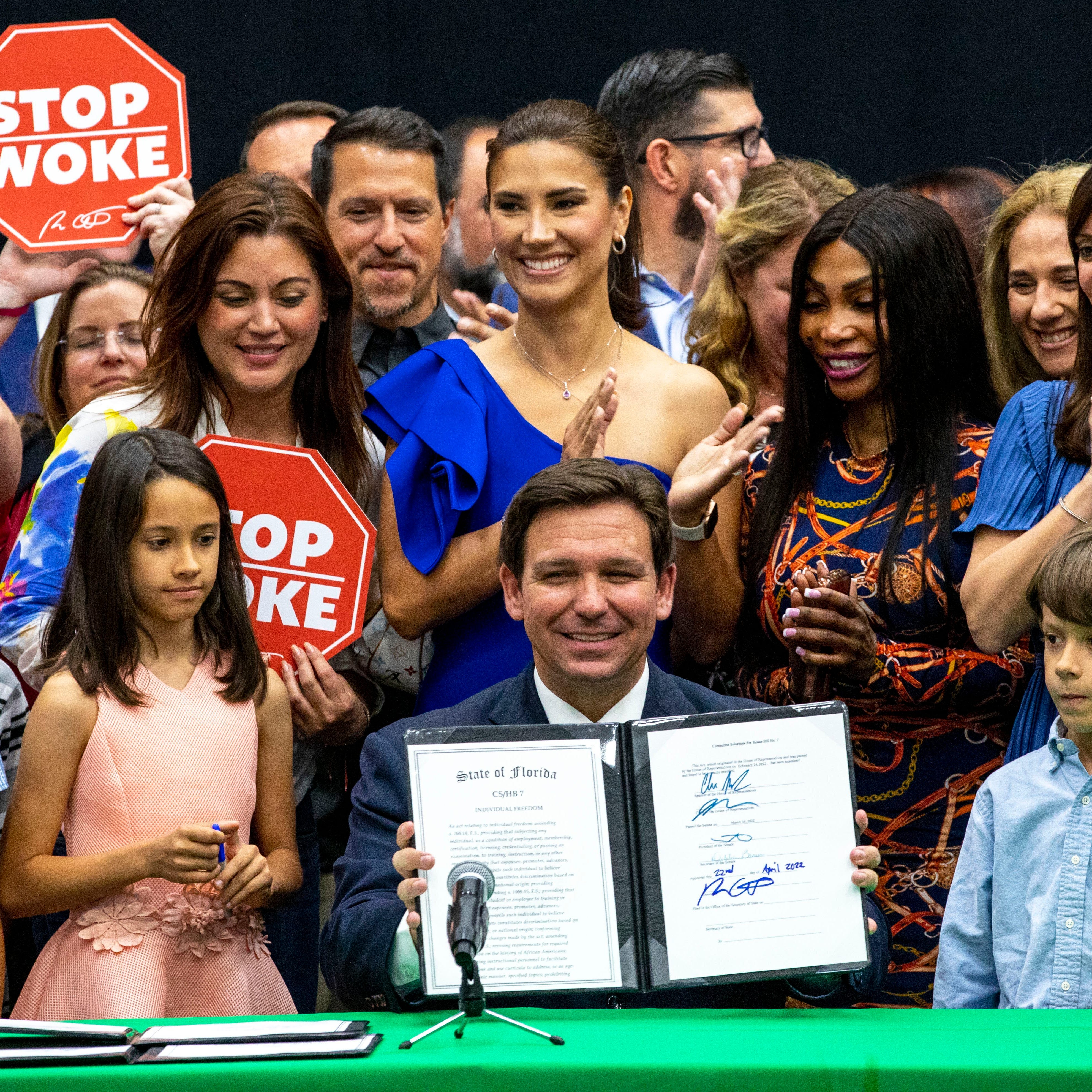 Florida Gov. Ron DeSantis reacts after publicly signing HB7, "individual freedom," also dubbed the "stop woke" bill during a news conference in April.