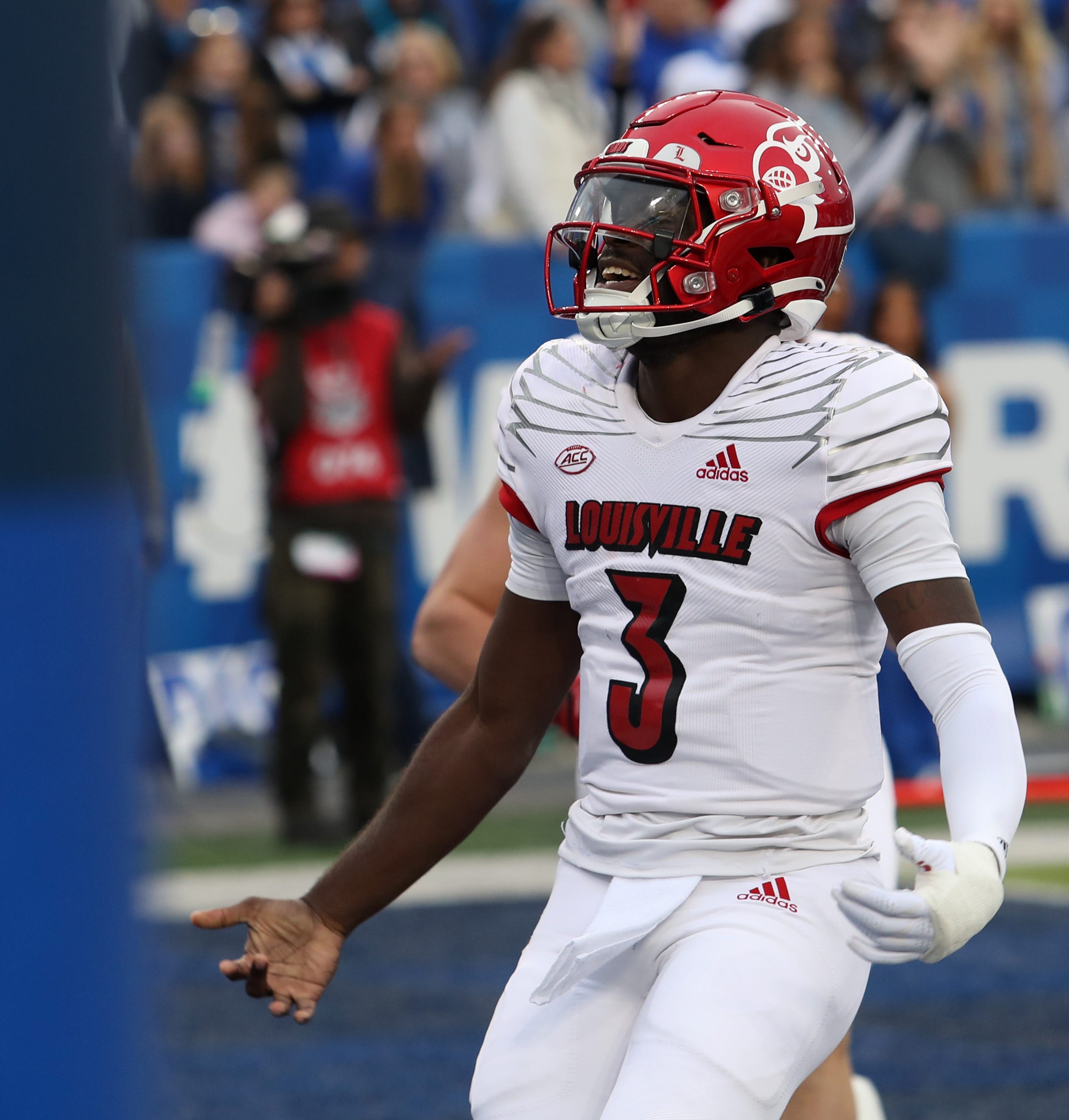 Lamar Jackson Louisville Cardinals Unsigned White Jersey Warming Up vs. NC  State Photograph