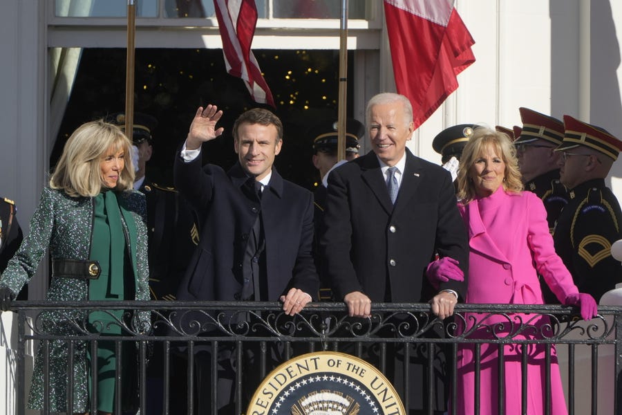 December 1, 2022:  President Joe Biden and First Lady Jill Biden welcome French President Emmanuel Macron and his wife Brigitte Macron to the White House for a state visit. The Presidents of France and United States will meet about a variety of issues during the bilateral meetings.