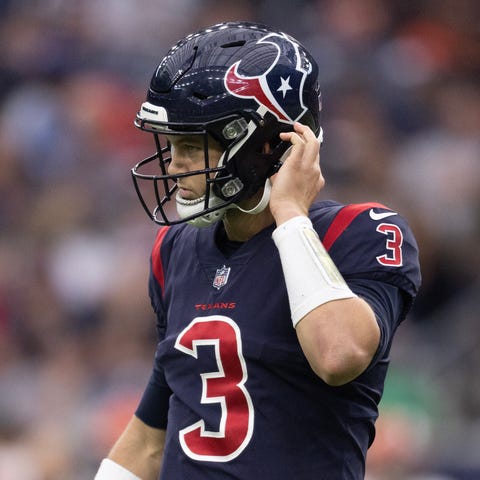 Houston Texans quarterback Kyle Allen (3) reacts a