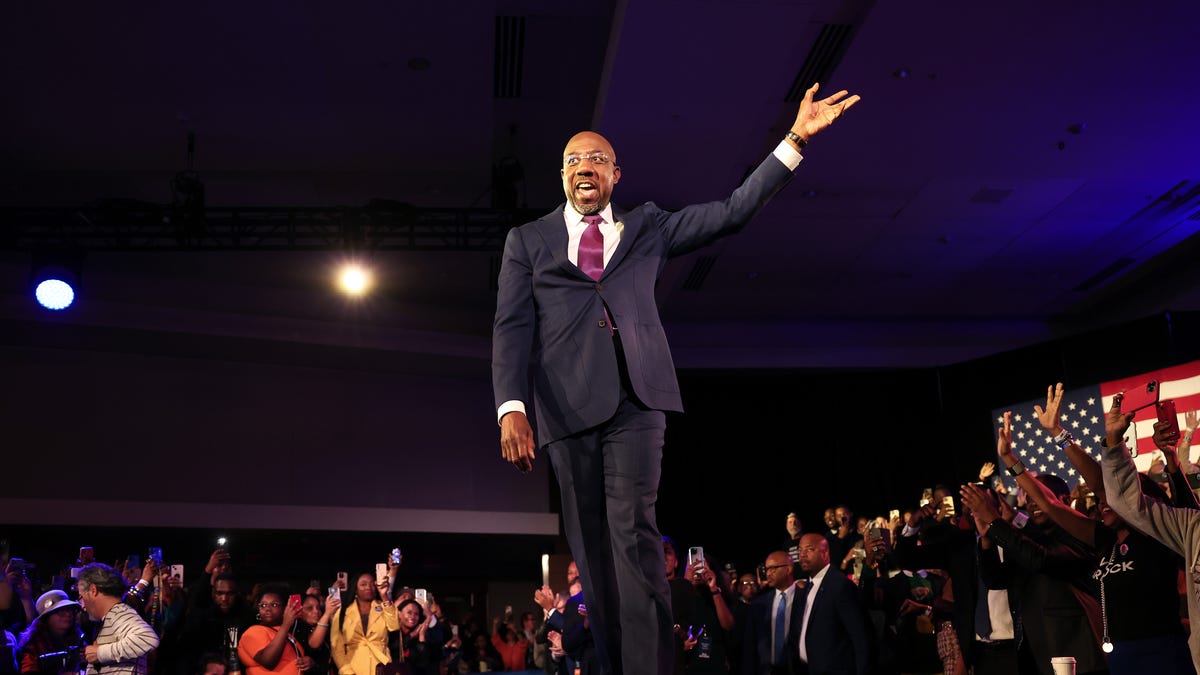 Georgia Democratic Senate candidate U.S. Sen. Raphael Warnock (D-GA) speaks during an election night watch party at the Marriott Marquis on December 6, 2022 in Atlanta, Georgia.