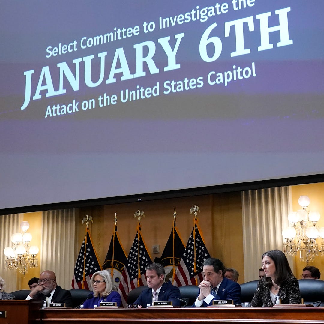 The House select committee investigating the Jan. 6 attack on the U.S. Capitol holds its final meeting on Capitol Hill in Washington, Monday, Dec. 19, 2022. From left to right, Rep. Stephanie Murphy, D-Fla., Rep. Pete Aguilar, D-Calif., Rep. Adam Schiff, D-Calif., Rep. Zoe Lofgren, D-Calif., Chairman Bennie Thompson, D-Miss., Vice Chair Liz Cheney, R-Wyo., Rep. Adam Kinzinger, R-Ill., Rep. Jamie Raskin, D-Md., and Rep. Elaine Luria, D-Va. (AP Photo/J. Scott Applewhite)